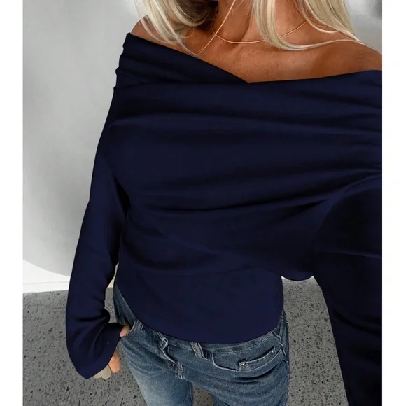 Solid Ruched Off Shoulder Fitted Long Sleeve Top - Picture 9 of 10